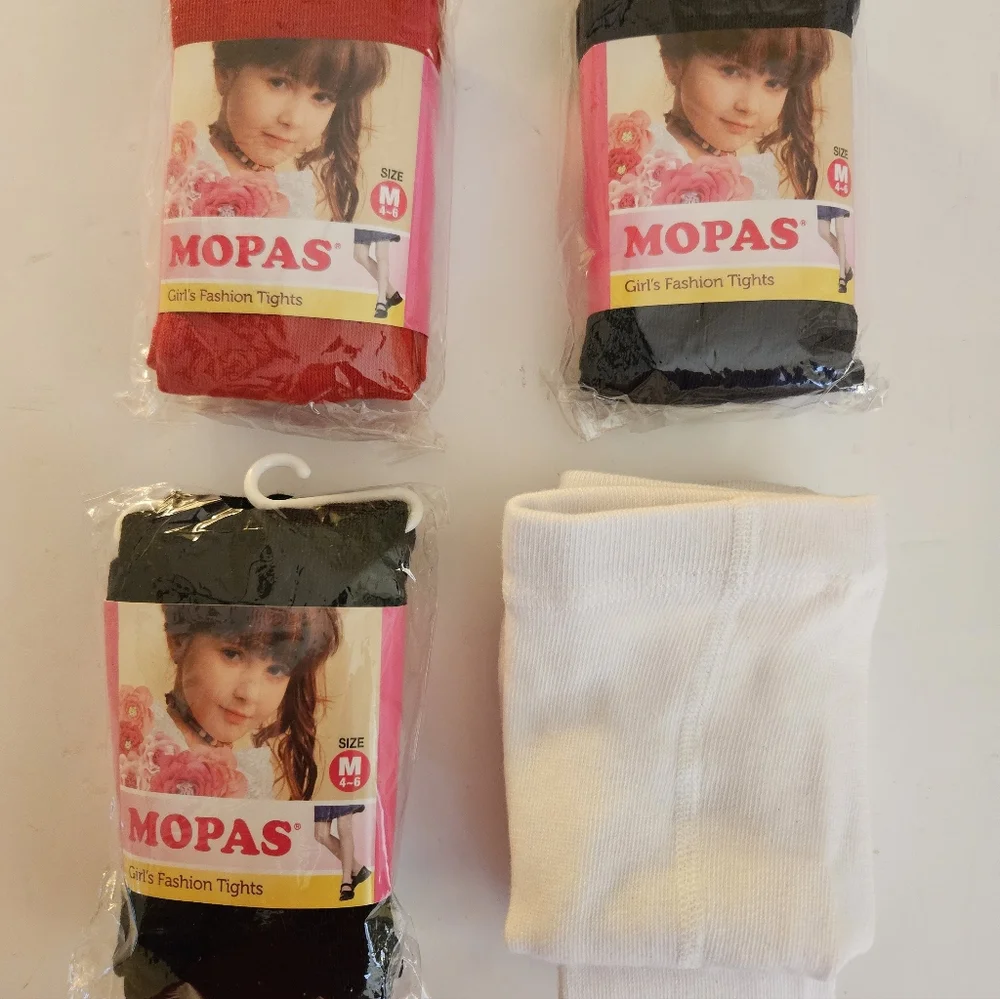 Mopas Girls Fashion Tights Size Med 4-6 1 Red,1 Red, 2 Black.